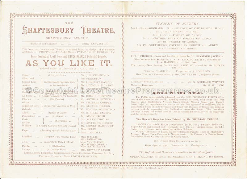 1888 AS YOU LIKE IT Shaftesbury Theatre 1880172023