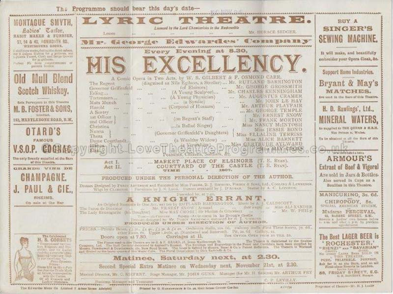 1894 HIS EXCELLENCY Lyric Theatre